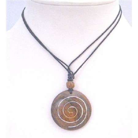 Round Wooden Pendant Necklace Black Cord Necklace Ethnic Jewelry