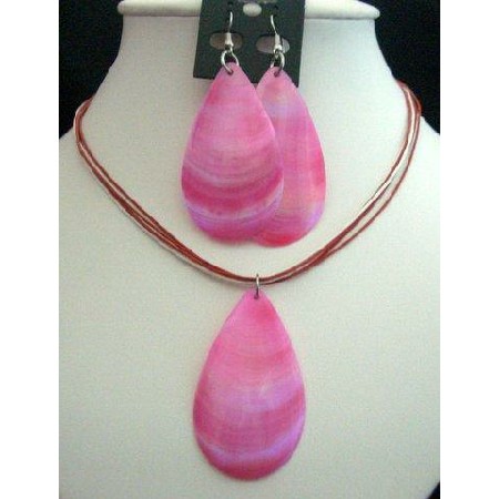 Fuchsia Shell Leaf Pendant Necklace Set w/ Multi Strand