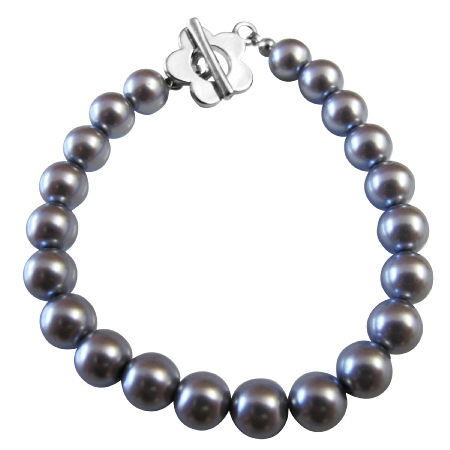 Cool Nice Dark Grey Pearls Bracelet w/ Beautiful Flower Toggle Clasp