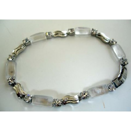 Filgree Bracelet Opal White Glass Bead w/ Cubic Zirconia Bracelet