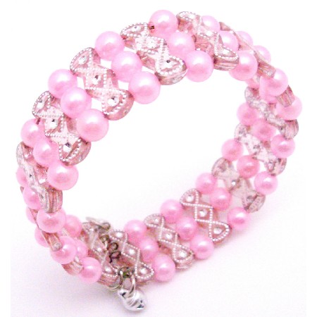 Pink Pearls w/ Pink Designed Cuff Bracelet Bangle/Stretchable Bracelet