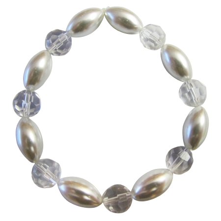 Grey Oval Pearls w/ 10mm Clear Round Glass Beads Stretchable Bracelet