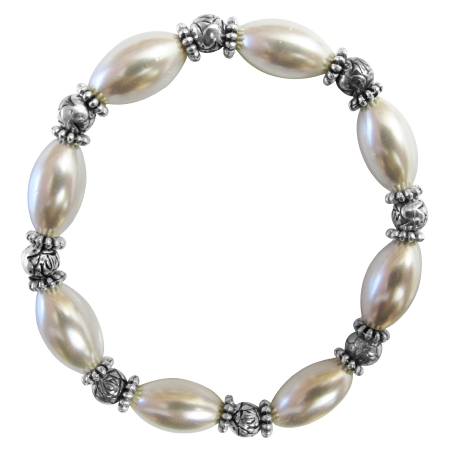 Bridesmaid White oval Pearls Bali Silver Beads Stretchable Bracelet