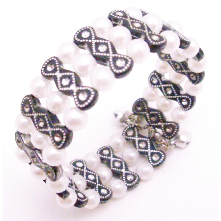 Black & White Pearls Cute Cuff Bracelet Jewelry Gift