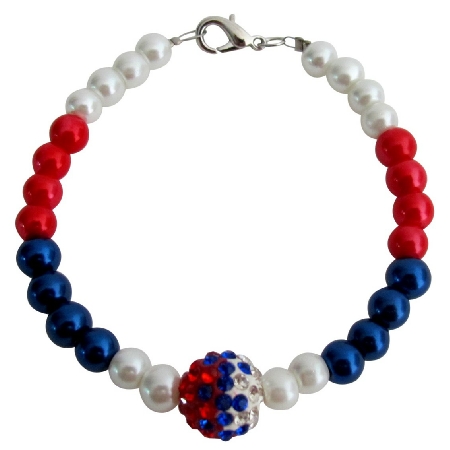 Red White Blue Pearls USA Beaded Bracelet with Cute Pave Ball