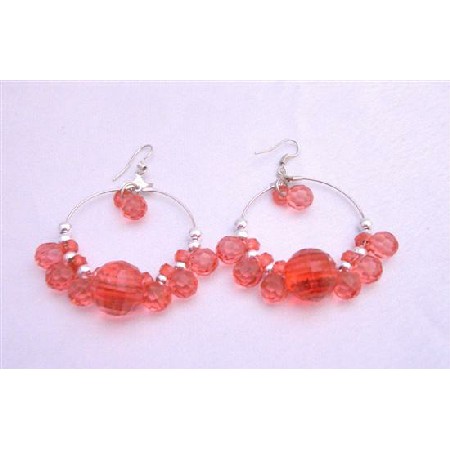 Red Simulated Crystals Beads Silver Hoop Earrings Gorgeous Earrings