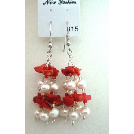 Coral Beads & Freshwater Pearl w/ Glass Beads Dangling Earrings