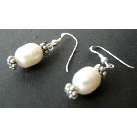 Sterling Silver White Freshwater Pearls & Bali Silver Earrings