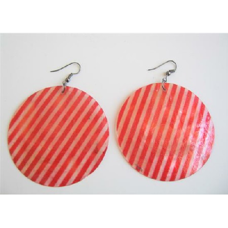 Red & White Stripes Shell Earrings Round Mop Stripes Shell Earrings
