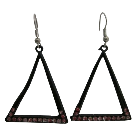 Earrings Dangling Chandelier Black Triangle Earrings w/ Red Cz