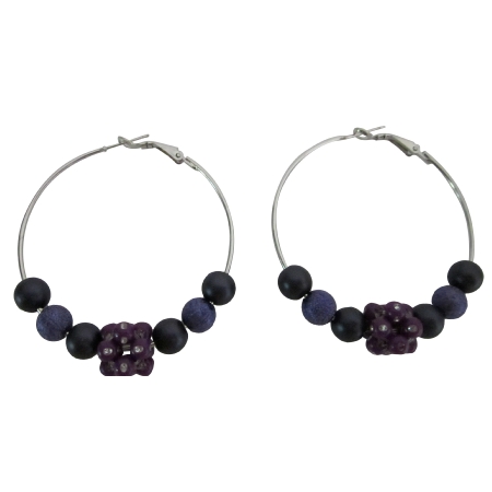 Sexy Hoop Earrings w/ Fancy Purple & Velvet Beads Flower Bead Earrings