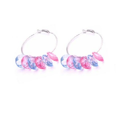 Girls Hoop Earrings w/ Beautiful Glass Beads In Fuchsia & Blue Beads