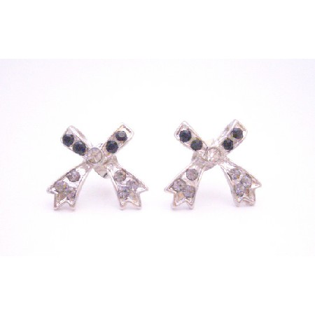 Bow Fully Embedded Cubic Zircon Jet Crystals Fashionable Earrings