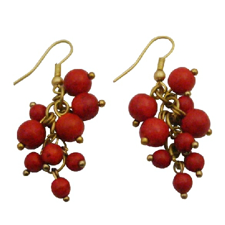 Coral Cluster Earrings Beautiful Gift Red Dangle Gold Oxidized Hook