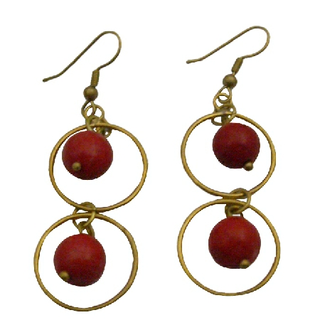 Winsome Oxidized Gold Circle Ring Coral Dangling Coral Beads Earrings