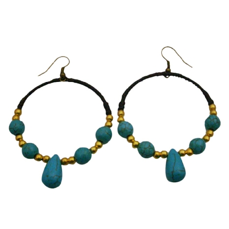 Trendy Fashion Hand knitted Wax Chord Earrings w/ Gold Turquoise Beads