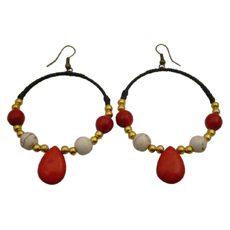 Dangle Coral Teardrop White Turquoise Golden Beads Wax Cord Earrings