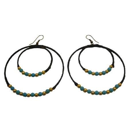 Double Circle Hoop Earrings Knitted Wax Cord Turquoise Golden Beads