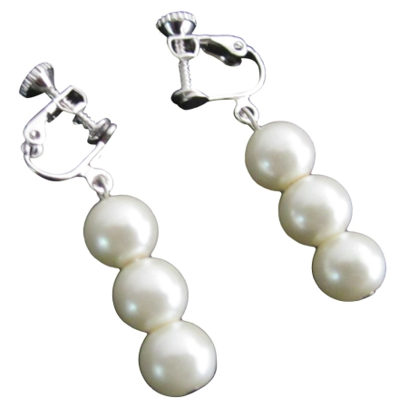 Faux Ivory Pearls Flower Girl Clip On Earrings