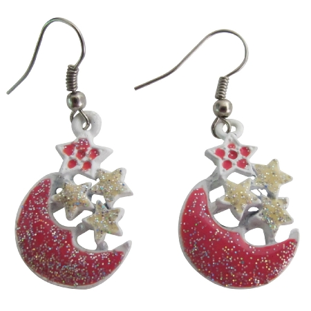Fabulous Christmas Gift Glittering Stars & Moon Dangling Earrings