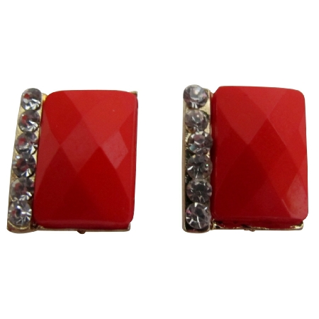 Pair of Fresh Women Solid Red with Rhinestone Embellished Earrings