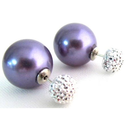 Classic Elegant Double Sided Purple Pearl Pave Ball Stud Earrings
