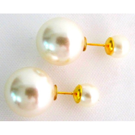 Front Back White Double Pearl Pearl Post Back Stud Earrings