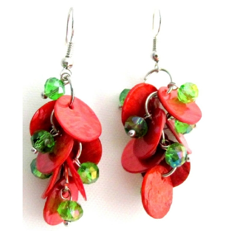 Fabulous Cute Earrings Christmas Gift Red Shell Green Beads