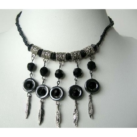 Cultured Pearls Black Knitted Thread w/ Hanging Black Pearls Necklace