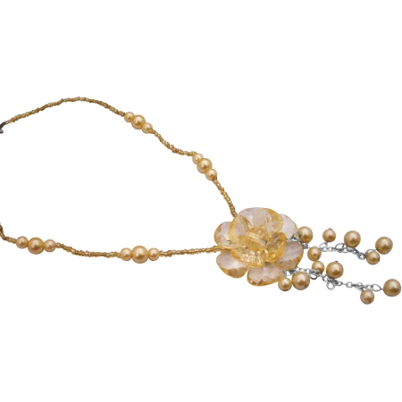 Flower Dangling Necklace Gift Champagne Pearls Golden Beads Necklace