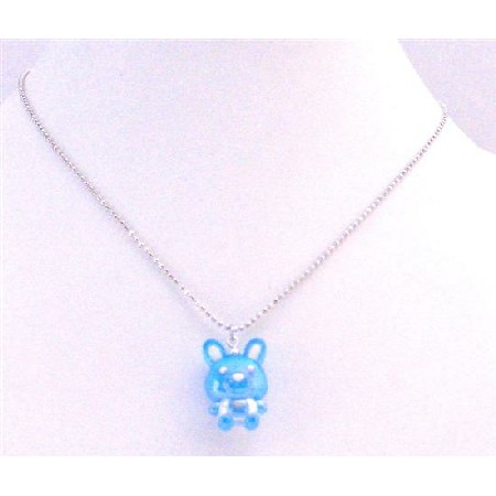 Bunny Rabbit Pendant Blue Enamel Pendant Silver Plated Chain Necklace