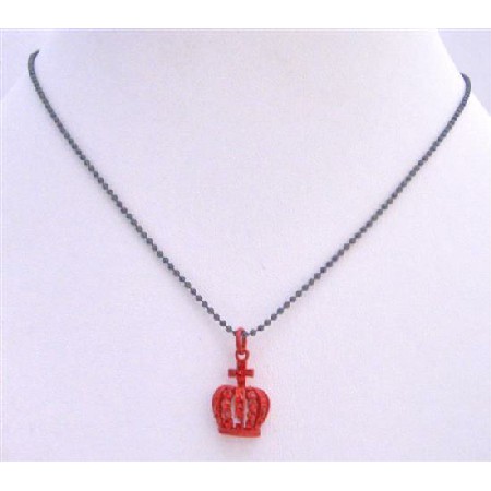 Crown Pendant Necklace Shimmering Red Crown w/ Red CZ Pendant Necklace