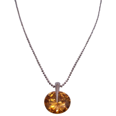 Golden Colorado Crystals Round Pendant In Silver Chain Necklace