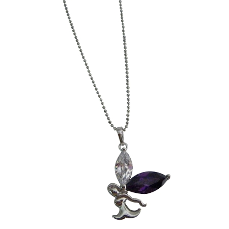 Silver Angel Pendant w/ Amethyst Crystals Wing Pendant Necklace
