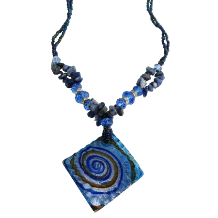 Murano Square Pendant Blue Lapis Stone Chips Nugget Sapphire Crystals