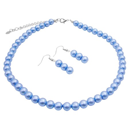 Synthetic Pearl 16 Inches Necklace Light Cool Blue Pearls Jewelry Set