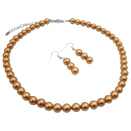 Golden Color Pearls Wedding Bridal Necklace & Earrings Jewelry Set