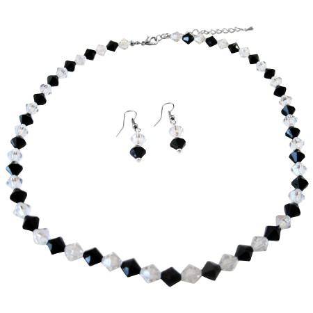 Jet w/ Clear Crystals Necklace Jet Black White Combo Gift Jewelry