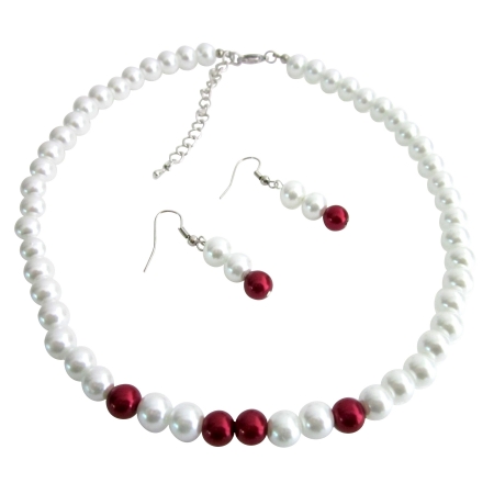 White & Red Pearls Necklace Earrings Set Wedding Flower Girl Jewelry