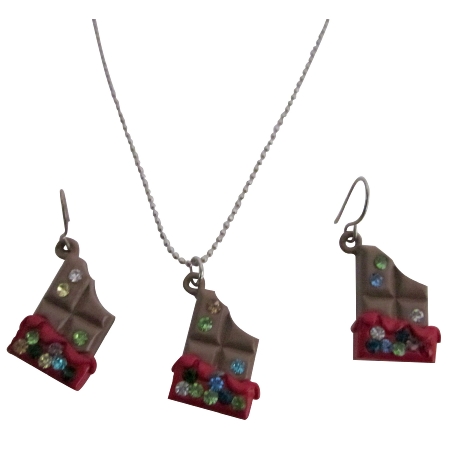 Chocolate Candy Pendant & Earring Rhinestone Unique Christmas Gift