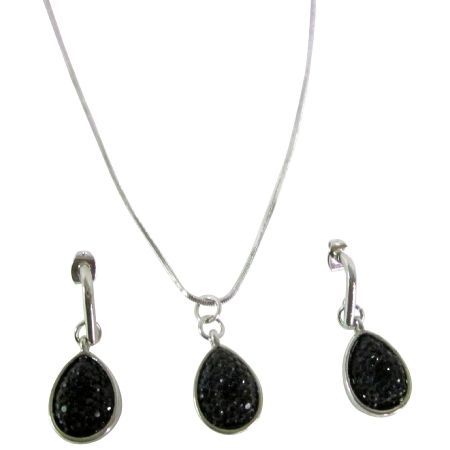 Pear Cut Pendant Glittered Black Pearls Drop Pendant Jewelry Set