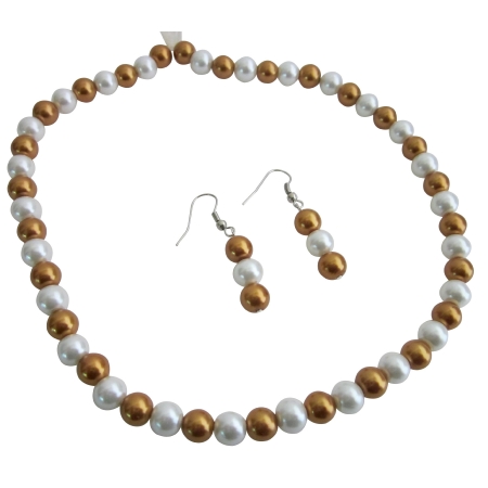 Gold & White Wedding Bridal Pearls Jewelry Necklace Earrings Set