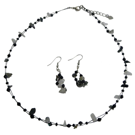Jet & Opal Nuggets Stone Necklace Earrings Set