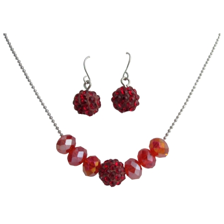 Affordable Red Crystals Bridesmaid Jewelry Set