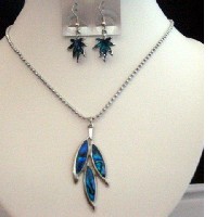 Pendant Necklace & Earrings Blue Mother Shell Necklace Set