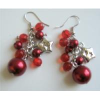 Christmas Jewelry Red Simulated Pearls Crystals & Stars Dangling Earrings