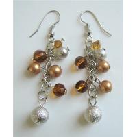 Gorgeous Earrings Bronze Pearls Smoked Topaz Crystals w/ Silver Balls Dangling Earrings