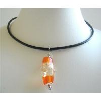 Orange Millefiori Sexy Two Shaded Sleek Pendant In Black Chord Necklace w/ Silver Metal Spacer