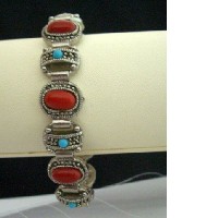 Bracelet Simulated Coral Red Stone & Turquoise Bead In Oxidized Bracelet 7 inches