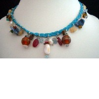 Shell Choker Blue Knitted Thread w/ Hanging Multi Bead Necklace
